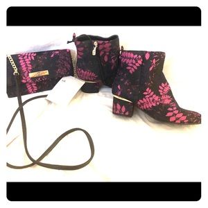 Liz Claiborne floral booties with matching clutch